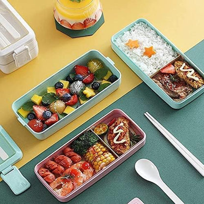 Rarapop 3 Pack Stackable Bento Box Adult Japanese Lunch Box Kit with Spoon & Fork, 3-In-1 Compartment Wheat Straw Meal Prep Containers (Green/Pink/Beige)