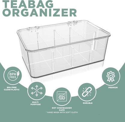 Utopia Home - Tea Bag Organizer With Lids, (2 Pack) Clear Pantry Storage Box - Stackable Partition Organizers or Holder With Lids For Drawers, Countertops, Fridge, Kitchen, Snack & Spice Organization