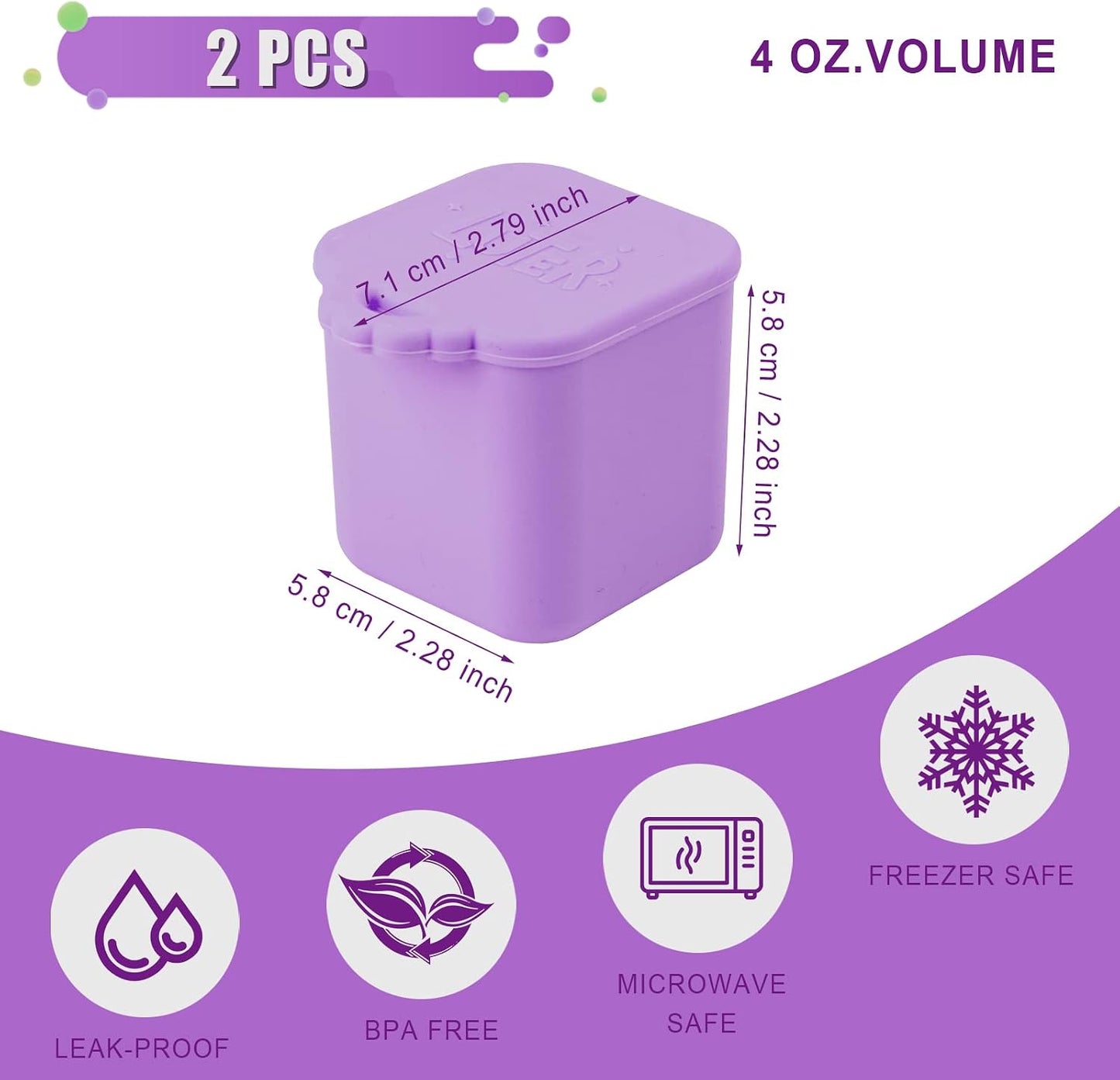 2PCS Dip Containers Compatible with, 4oz Silicone Salad Dressing Container To Go for Most Bento Lunch Box Condiment Dipping Sauce Cups with Lids for Kids School Picnic Travel (Orange, Purple)