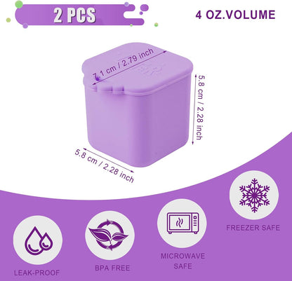 2PCS Dip Containers Compatible with, 4oz Silicone Salad Dressing Container To Go for Most Bento Lunch Box Condiment Dipping Sauce Cups with Lids for Kids School Picnic Travel (Orange, Purple)