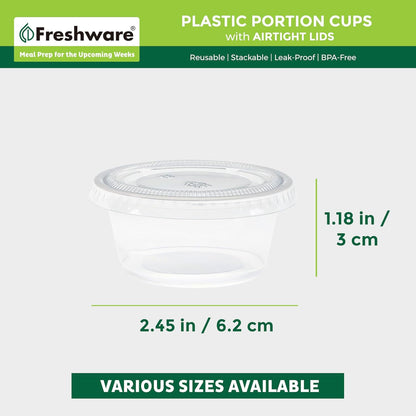 Freshware Plastic Portion Cups with Lids [2 Ounce, 200 Sets] Disposable Plastic Cups for Meal Prep, Salad Dressing, Jellos Shot Cups, Souffle Cups, Condiment and Dipping Sauce Cups