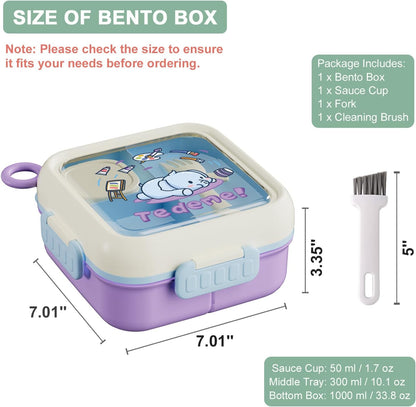 SAYAPE Kids Bento Lunch Box - Toast-Shaped 4-Compartment Lunchable Food Container with Sauce Cup, Utensils & Brush, BPA-Free, Reusable Snack Container with lid, Ideal for School & Travel - Blue