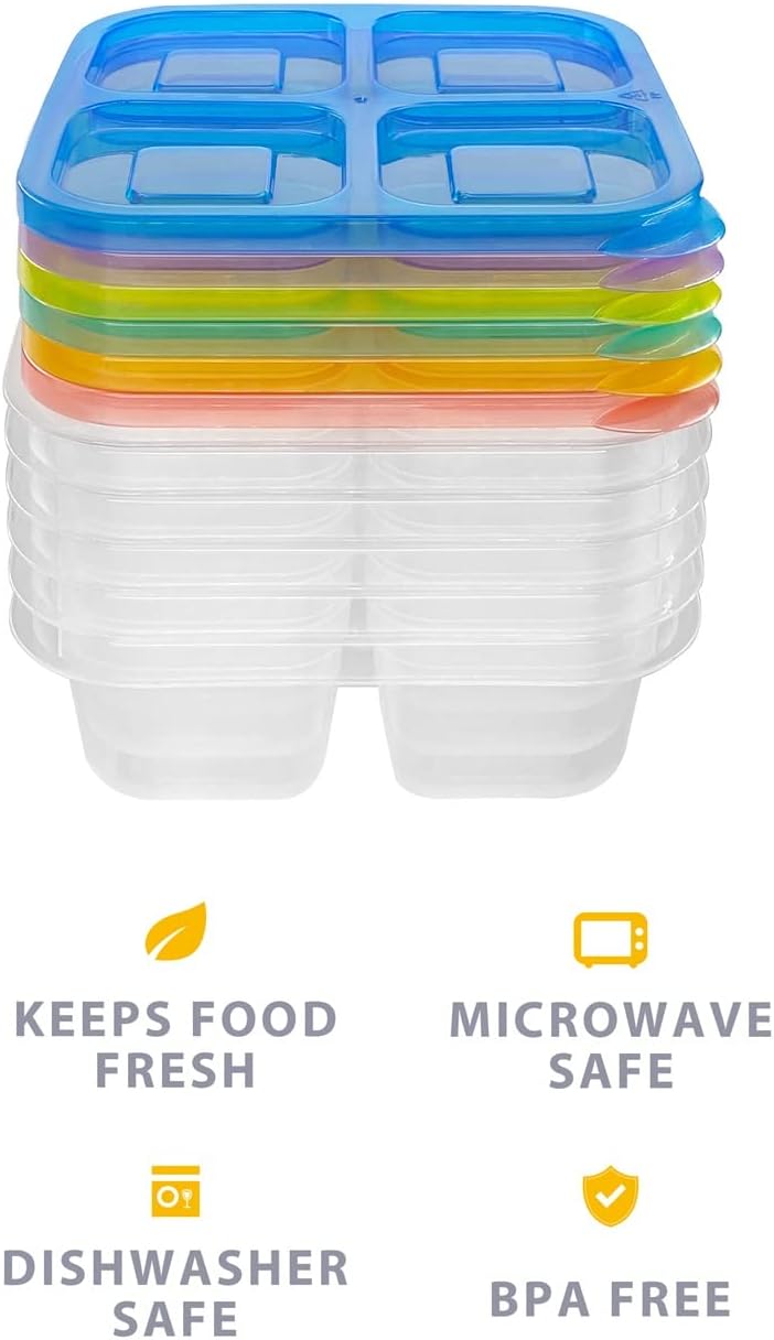 Finorder 6 Pack 4-Compartment Snack Containers, Reusable Food Containers for Kids School, Adults Office, Picnic Trip, Lunch Bento Box Meal Prep Containers (Bright Color Set)