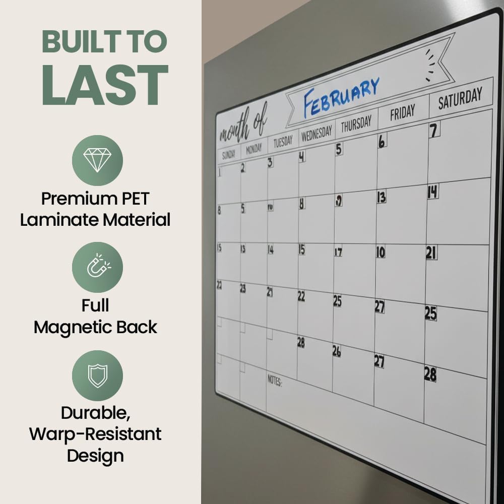 Magnetic Fridge Calendar 15” x 12” – Dry Erase Fridge Calendar with Full-Back Magnet, Monthly Refrigerator Planner Board with Magnetic Pen Holder, 6 Markers & Eraser, Reusable Kitchen Organizer