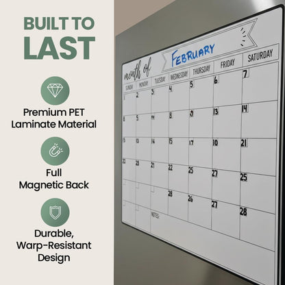 Magnetic Fridge Calendar 15” x 12” – Dry Erase Fridge Calendar with Full-Back Magnet, Monthly Refrigerator Planner Board with Magnetic Pen Holder, 6 Markers & Eraser, Reusable Kitchen Organizer