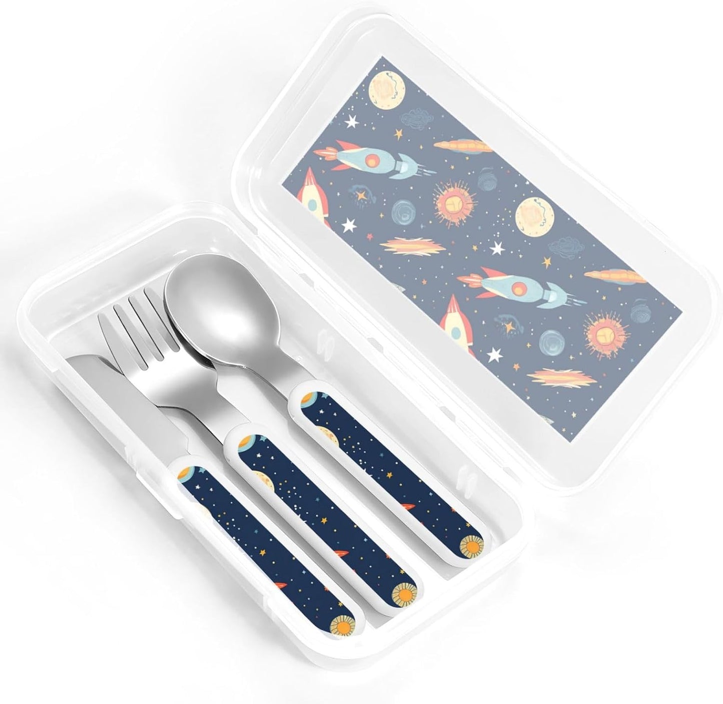 3-Piece Children Utensils Set Rocket in Space Knife Spoon Fork Set Stainless Steel Silverware Set Easy-Grip Reusable Utensils Set Child Flatware Set with Case for Lunch Travel