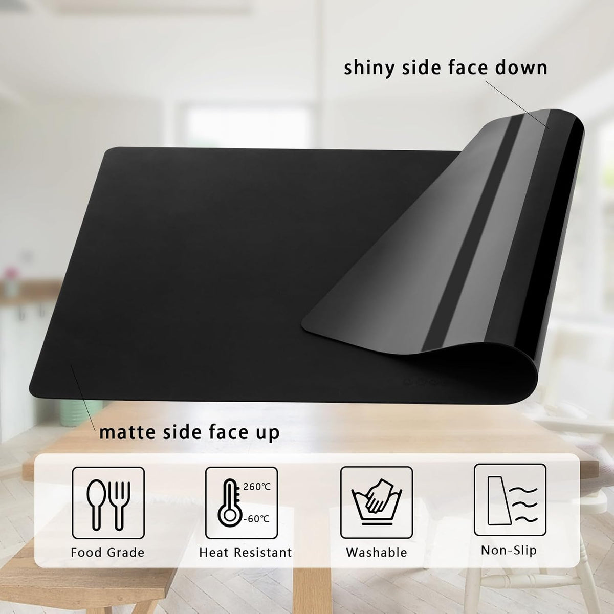 Silicone Placemats, Food-Grade Non-Slip Waterproof, Dining, Stain Resistant, Countertop Protector, Kitchen Counter Mat, Heat Resistant, Baking mat Dishwasher Safe (23.6"×15.7"-1pack, Black)