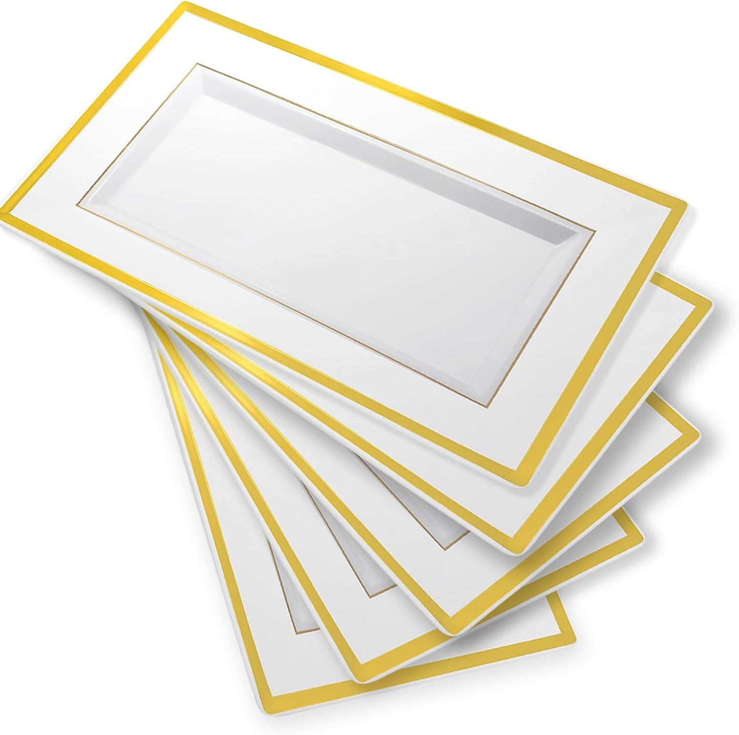 Uenhoy 8 Pcs White Plastic Serving Trays for Party 13" x 8" Rectangle Dessert Trays & Platters with Gold Trim, Fruit Tray Disposable Platters for Cupcake Cookie Dessert Appetizers