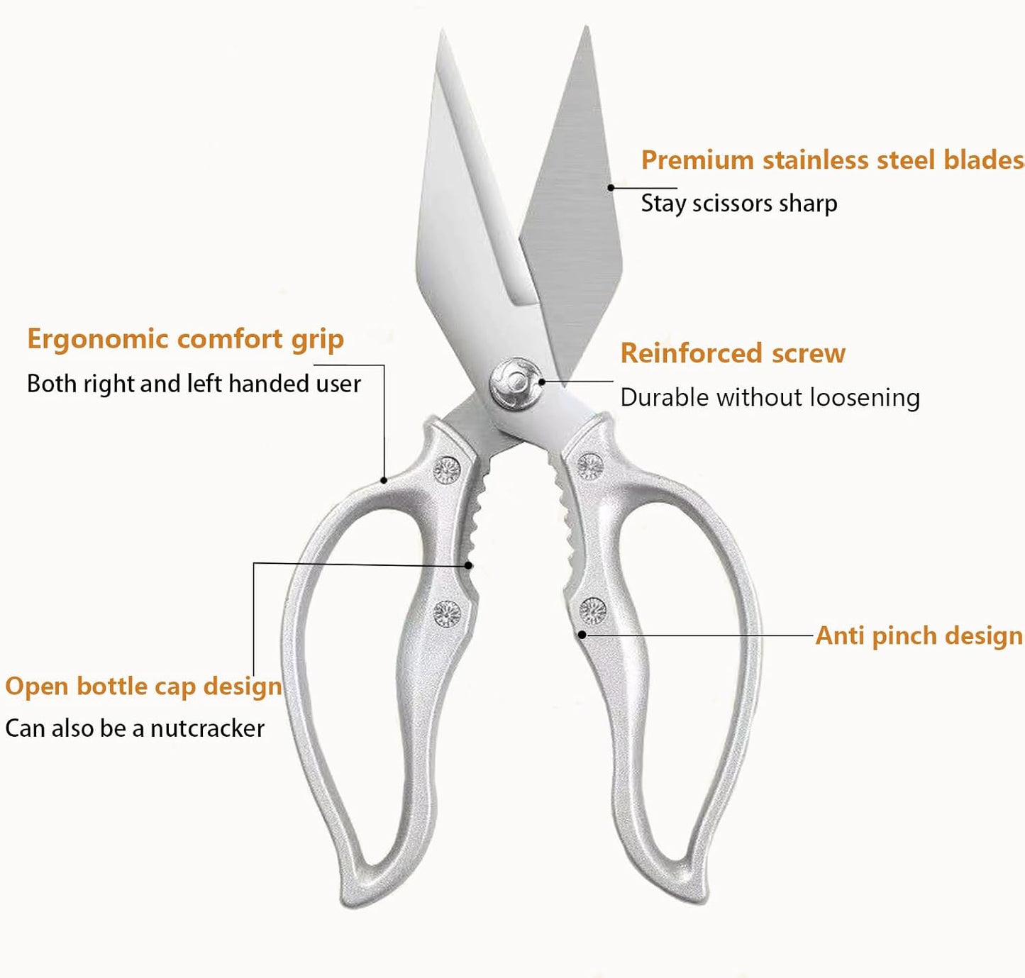 Kitchen Shears Heavy Duty Kitchen Scissors Stainless Steel Sharp Cooking Shears for Chicken Meat Poultry Fish Vegetables Multipurpose Utility Food Kitchen Scissors, Gifts for Women（Sliver）