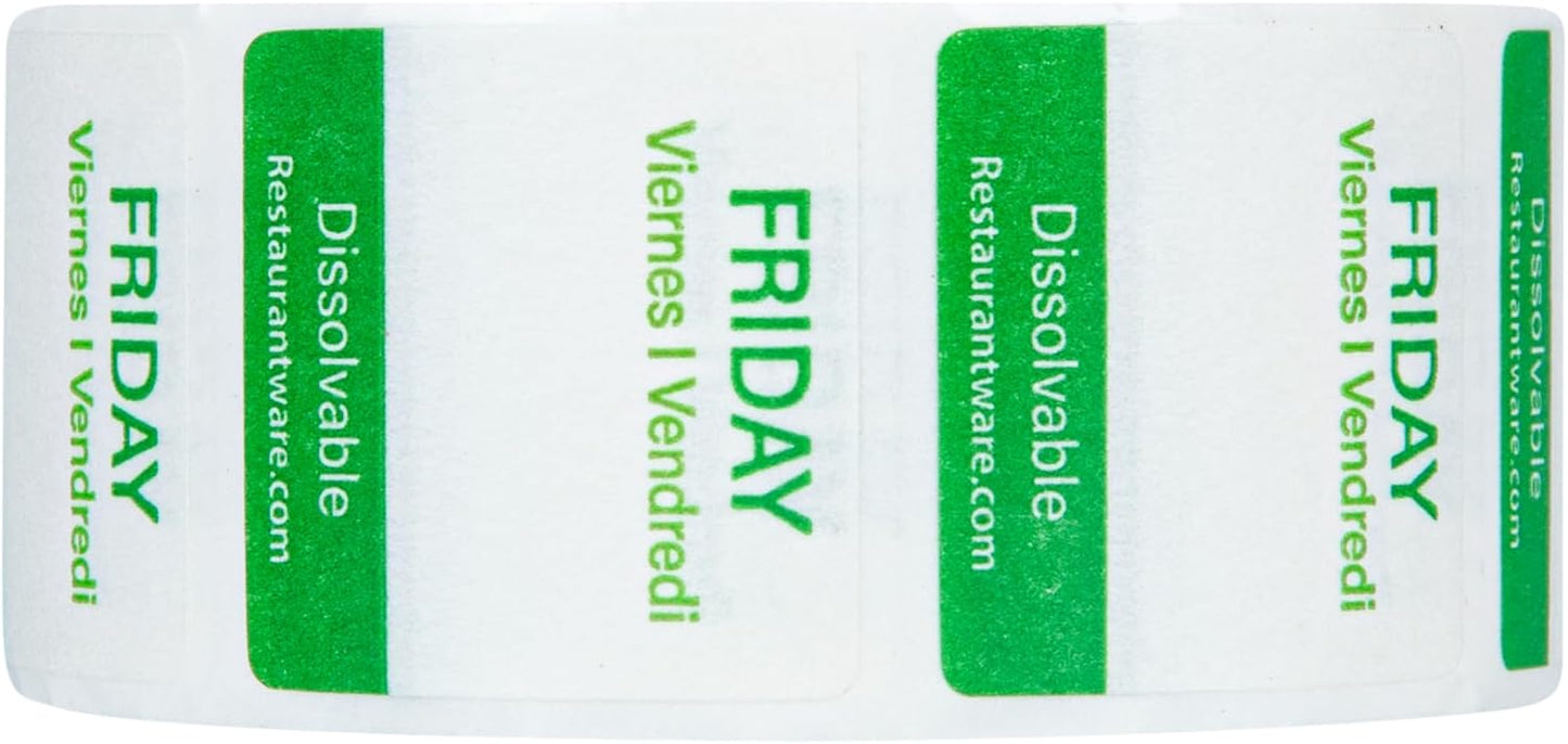 Restaurantware RW Smart 1 Inch x 1 Inch Food Rotation Labels 500 Dissolvable Food Safety Labels - Premium Trilingual Green Paper Day Of The Week Labels For Food Storage Or Prep Friday