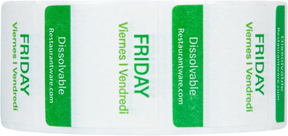Restaurantware RW Smart 1 Inch x 1 Inch Food Rotation Labels 500 Dissolvable Food Safety Labels - Premium Trilingual Green Paper Day Of The Week Labels For Food Storage Or Prep Friday