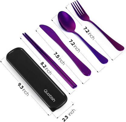 Travel Utensils with Case, Quatish 5 Piece Stainless Steel Silverware Set for Work, Portable Reusable Travel Cutlery Set, Fork and Spoon Set for Picnic, Camping, Gadgets, Lunch Box for Men, Rainbow