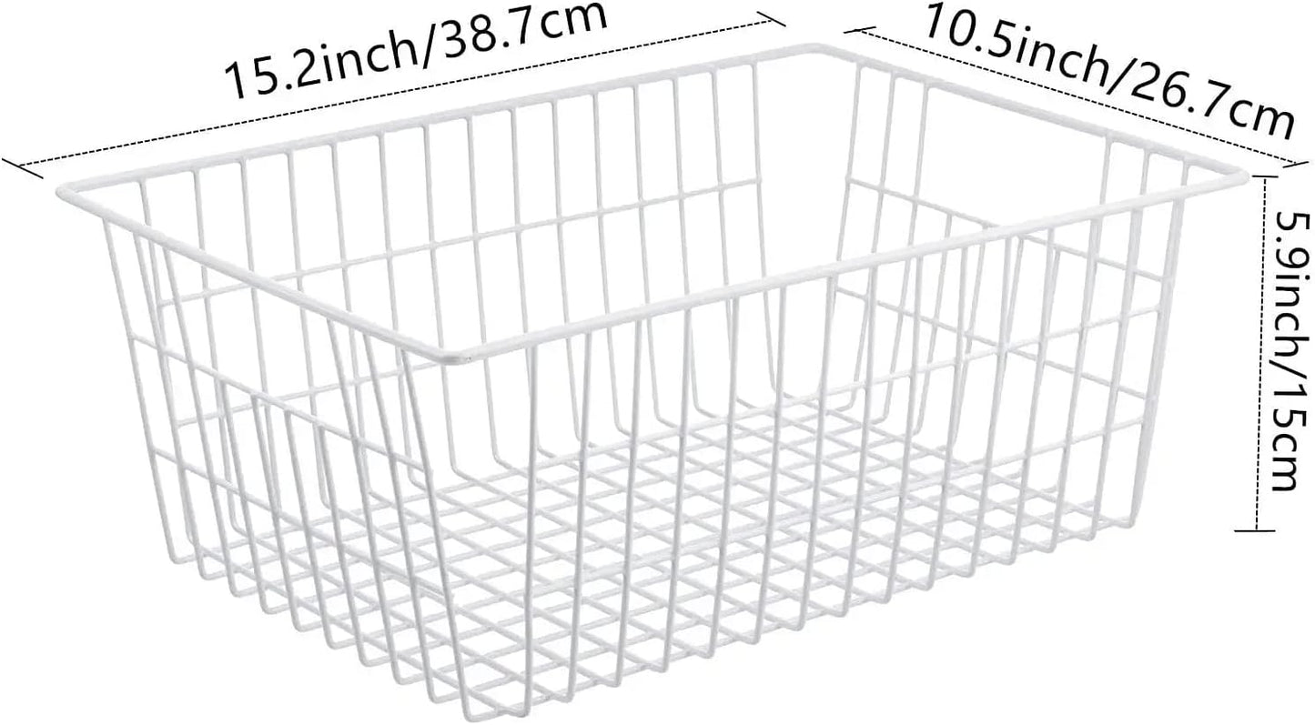 15.2" Metal Wire Baskets for Organizing 6 Pack, Household Pantry Storage Freezer Organizer Bins with Handles, Freezer Baskets for Upright Freezer, Refrigerators, Kitchen Cabinets, White