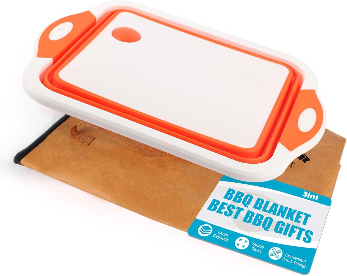 Collapsible BBQ Prep Tub & BBQ Resting Bag - Multi-Function Foldable Cutting Board, BPA Free Portable Silicone Dish Bowl, Leak Free Drain Hole for Meal Prep, Marinating, Food Storage(Orange)