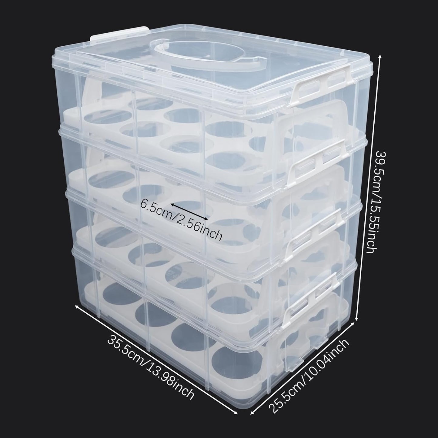4-Tier Cupcake Carrier, Stackable Storage Container with Transparent Lid & Handle - Holds 48 Cupcakes or Muffins for Parties, Baking, Picnics | Use 1,2,3 or 4 Tiers (White)