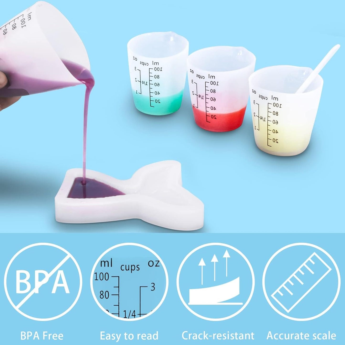 Creahaus Silicone Measuring Cups Tool Kit for Resin, Non-Stick 250 & 100ml Epoxy Mixing Cups, Reusable Resin Supplies with Silicone Mat, Stir Sticks, Pipettes, Cups for Molds, Jewelry Making