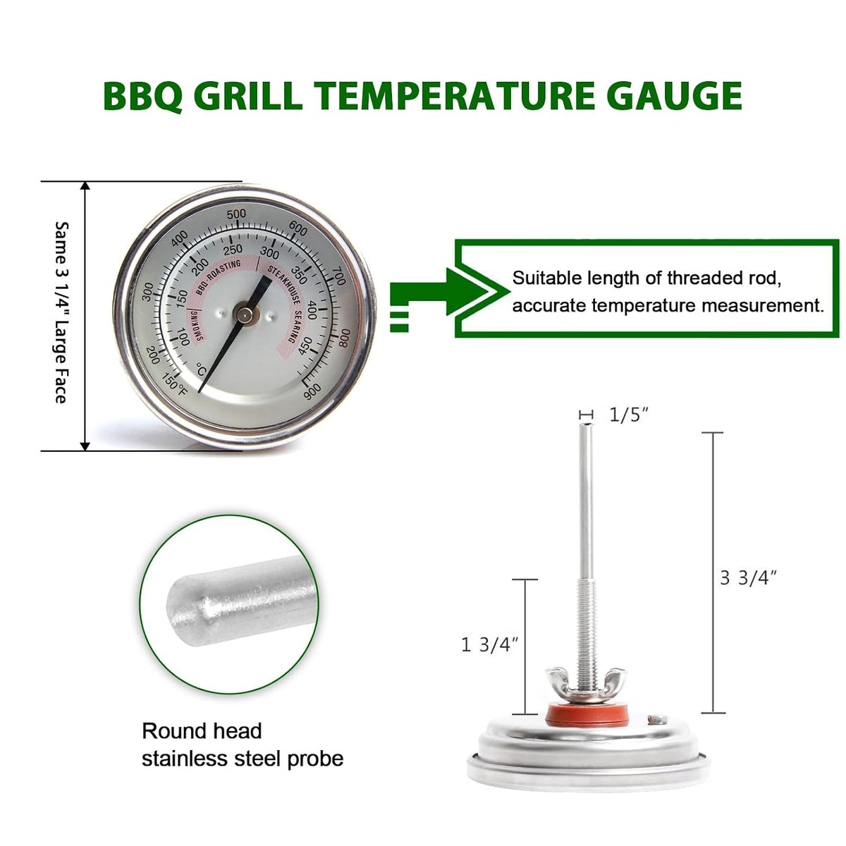 BBQ Grill Temperature Gauge Waterproof Large Face for Kamado Joe Barbecue Charcoal Grill Stainless Steel 150-900°F Cooking Thermometer for Oven Wood Stove Accessories Tool Set Up Easy