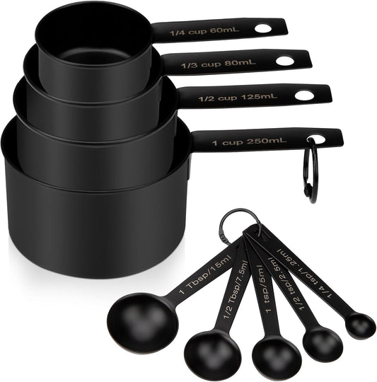 Measuring Cups and Spoons Set of 9, Stainless Steel Measuring cup for Cooking and Baking, Measuring spoons for Dry and Liquid Ingredients (Black)