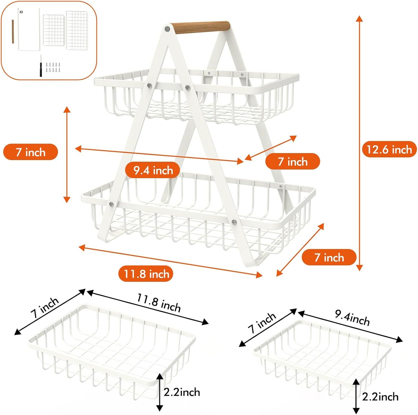 mahueeol 2-Tier Countertop Fruit Basket, Detachable Metal Rectangular Fruit Bowl with Portable Wooden Handle, Multi-Purpose Storage Organizer for Kitchen, Dining Room, Fruits,Vegetables,Bread & Snacks