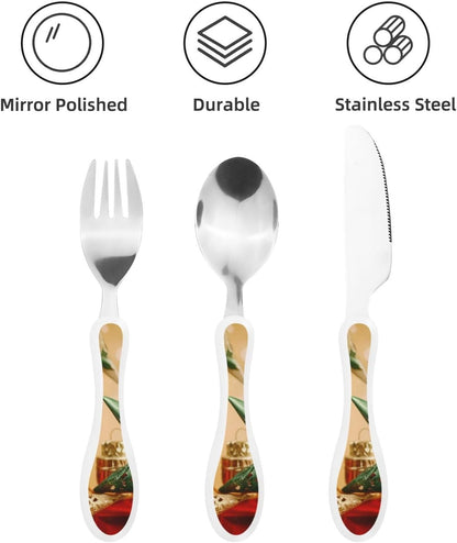 3-Piece Kids Silverware Set With Storage Case, Stainless Steel Reusable Children Safe Knife Spoon Fork Set Elephant Pattern Children Flatware Set For Kids Lunch Box