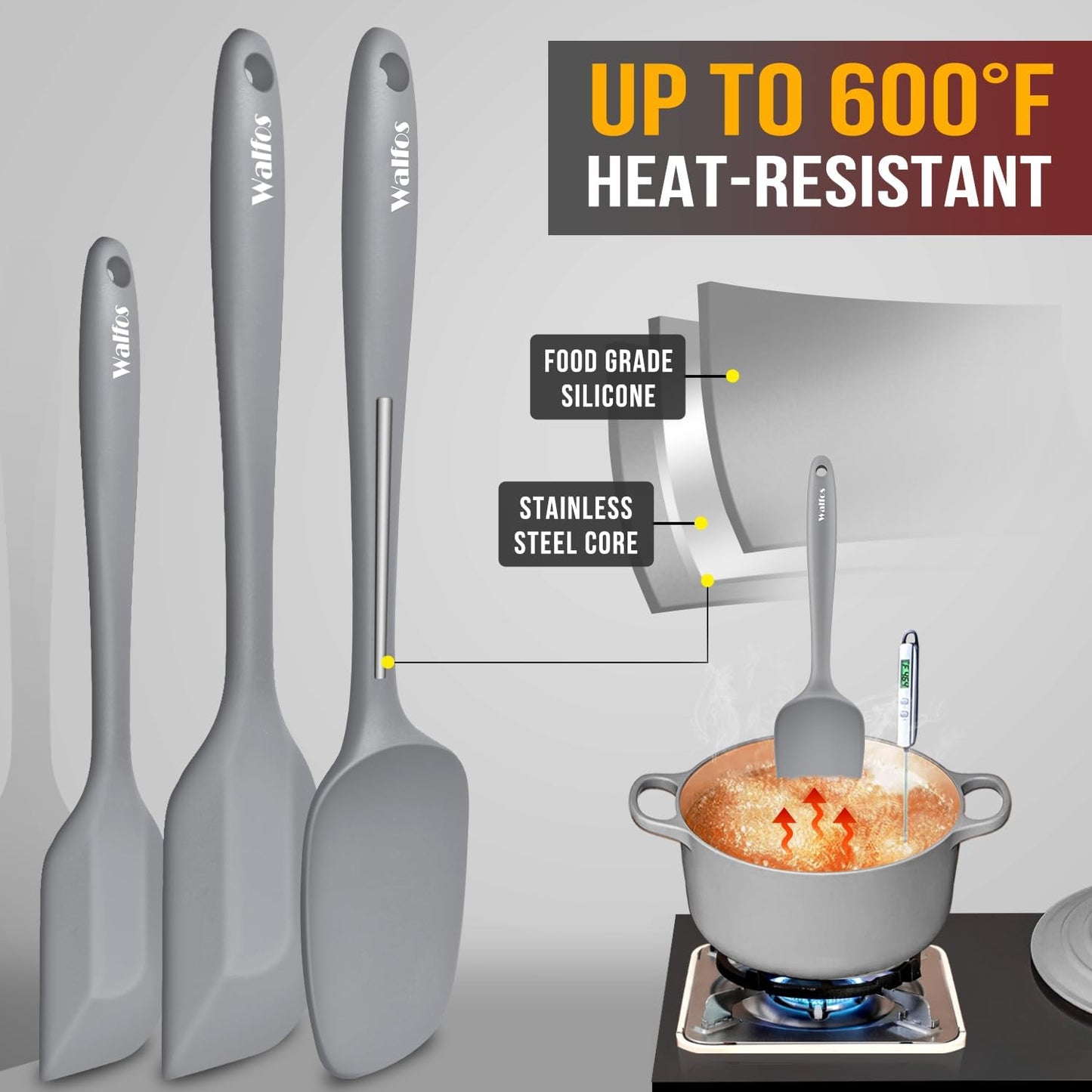 Walfos 600°F High Heat Resistant Silicone Spatula Set of 5- Food Grade Rubber Spatula Set for Baking Cooking & Mixing - BPA Free, Non Stick and Dishwasher Safe,black
