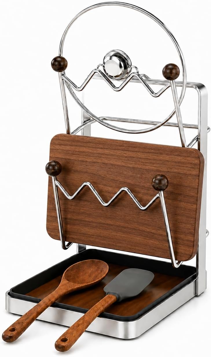 2-Tier Pot Lid Organizer and Cutting Board Holder for Kitchen Counter