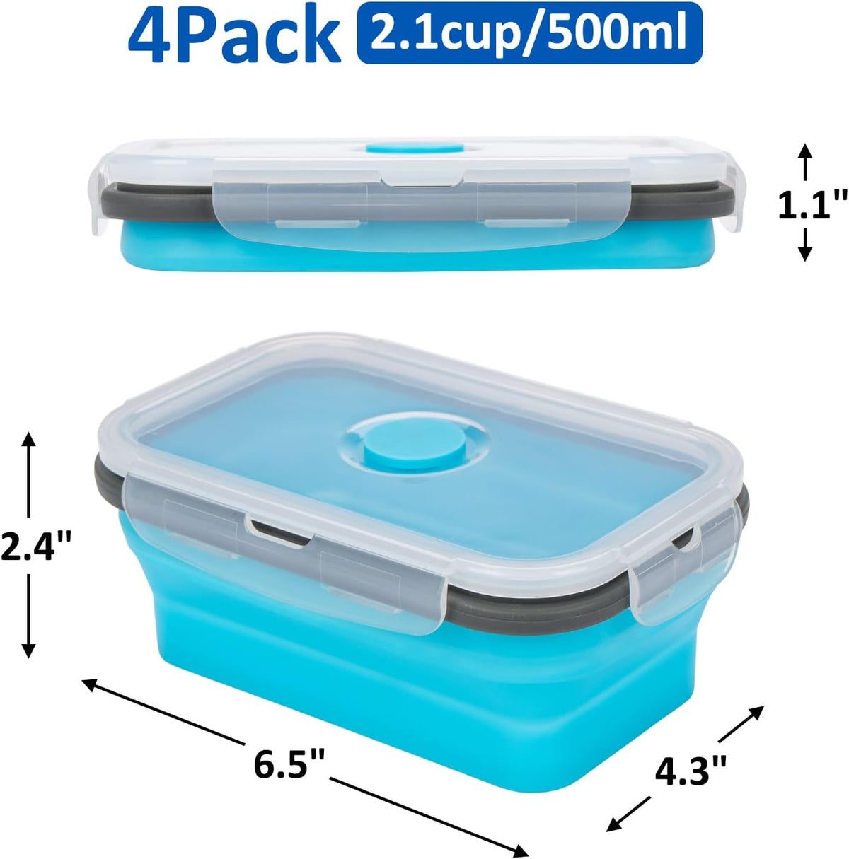 Collapsible Silicone Food Storage Containers Set with Lid & Air Vent,Foldable Lunch Containers(4PCS,Blue,27oz)
