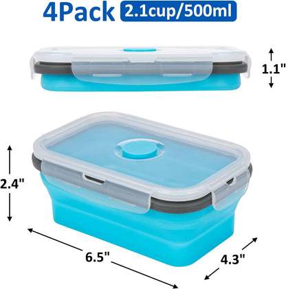 Collapsible Silicone Food Storage Containers Set with Lid & Air Vent,Foldable Lunch Containers(4PCS,Blue,27oz)