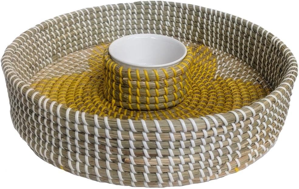 Handwoven Seagrass Chip and Dip Serving Bowl, Natural and Yellow Flower Design