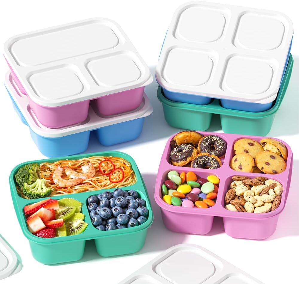 6 Pcs Snack Box Container Set, Reusable 3&4 Compartment Meal Prep Snack Containers for Adults Kids Toddler, BPA-Free Divided Lunchable Container for School, Work and Travel (Transparent Lids)
