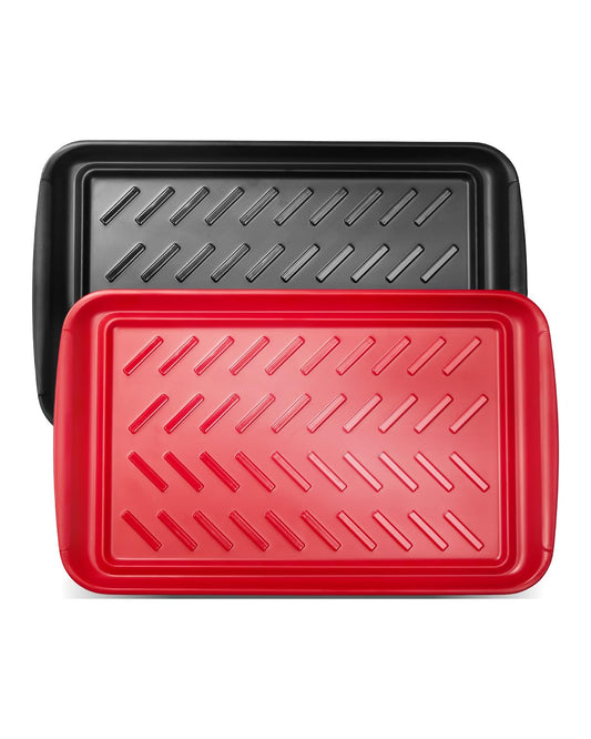 VEVOR Plastic Serving Trays, 2-Pack Grilling Prep and Serve Trays with Handles, 17x10.35 Inch Anti-Slip Melamine Food Tray, Ideal for BBQ, Kitchen, Cafeteria, Ottoman, Coffee Table, Black and Red