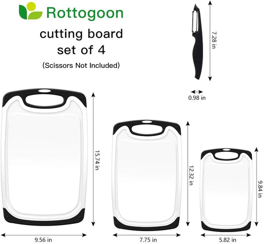 Cutting Boards for Kitchen, Plastic Chopping Board Set of 4 with Non-Slip Feet and Deep Drip Juice Groove, Easy Grip Handle, Dishwasher Safe, gray