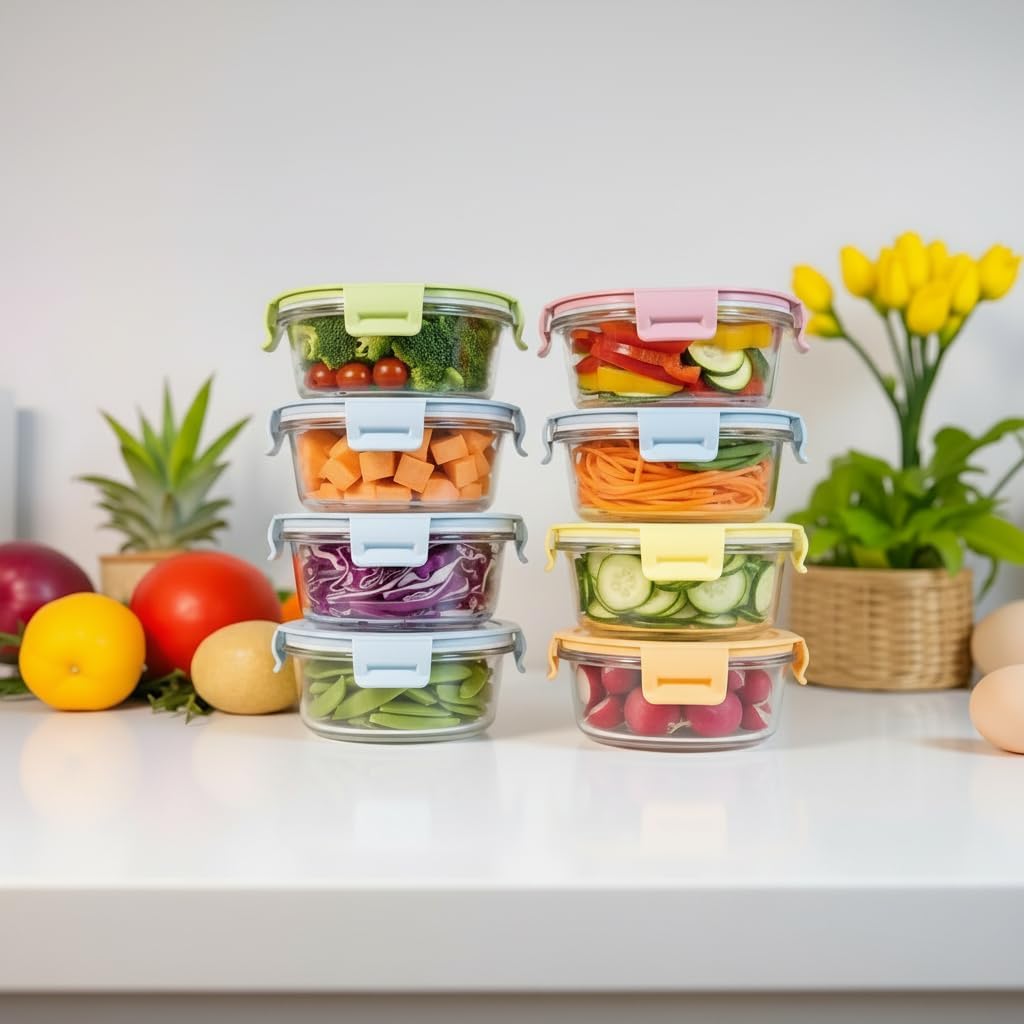 8 Pcs Square Glass Food Storage Container with Lids, 16OZ Square Glass Meal Prep Containers Set, 2 Cup glass Food Storage for Lunch Salad, Microwave, Oven, Freezer, Dishwasher Safe (4 Pack)