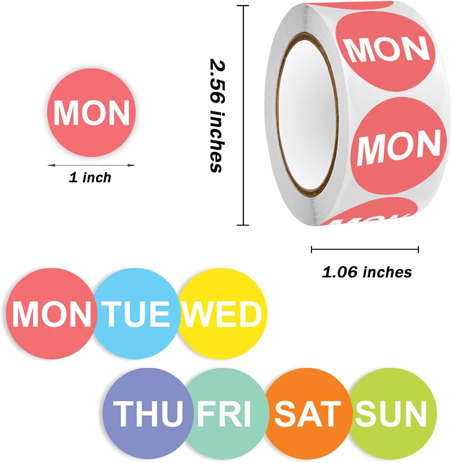 3500PCS 7-Day of the Week Sticker, 1" Round Day Dot Food Rotation Labels - Removable Date Stickers for Food Containers 7 Rolls Self Adhesive(500 Labels/Roll)