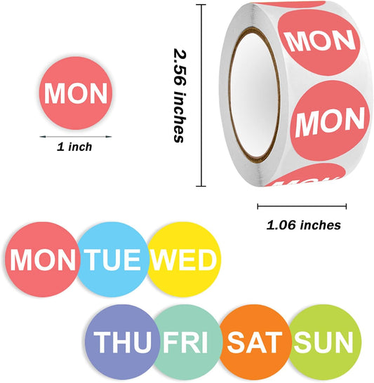3500PCS 7-Day of the Week Sticker, 1" Round Day Dot Food Rotation Labels - Removable Date Stickers for Food Containers 7 Rolls Self Adhesive(500 Labels/Roll)