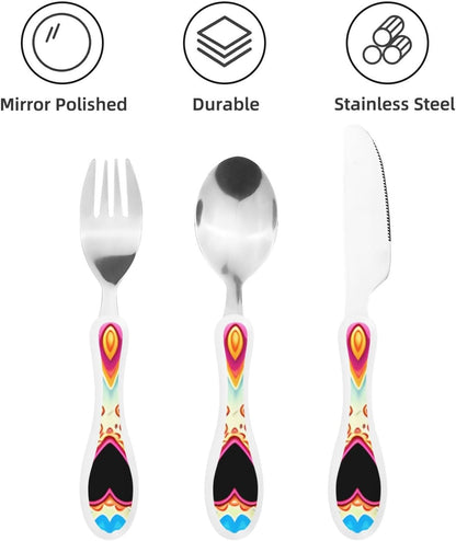 3-Piece Kids Silverware Set With Storage Case, Stainless Steel Reusable Children Safe Knife Spoon Fork Set Sugar Skulls Children Flatware Set For Kids Lunch Box
