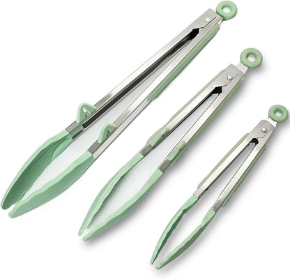 Silicone Tongs for Cooking, 3Pcs Stainless Steel Kitchen Tong with Silicone Tips, Heat Resistant Food Grade Small Serving Tong for BBQ Salad, Blue(7"+9"+12")