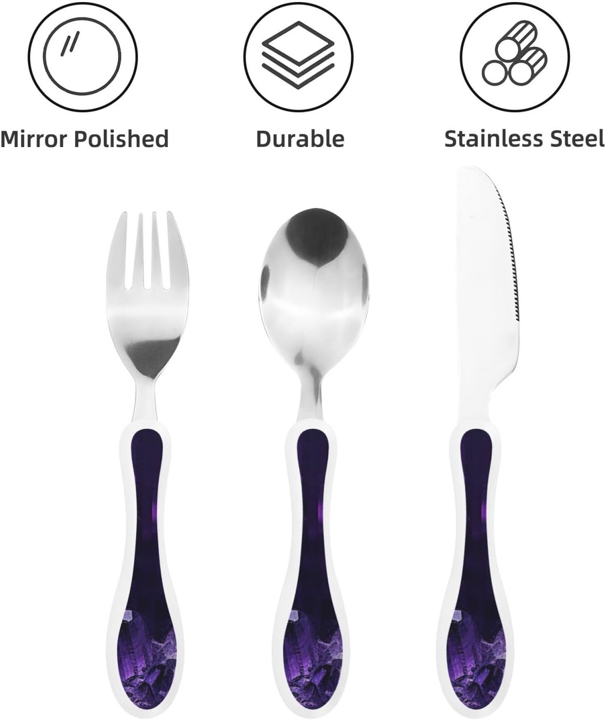 Stainless Steel Kids Silverware Set, Purple Amethyst Utensil Set Reusable Children Safe Knife Spoon Fork Set With Storage Case Dishwasher Safe For Lunch, Travel Outdoors