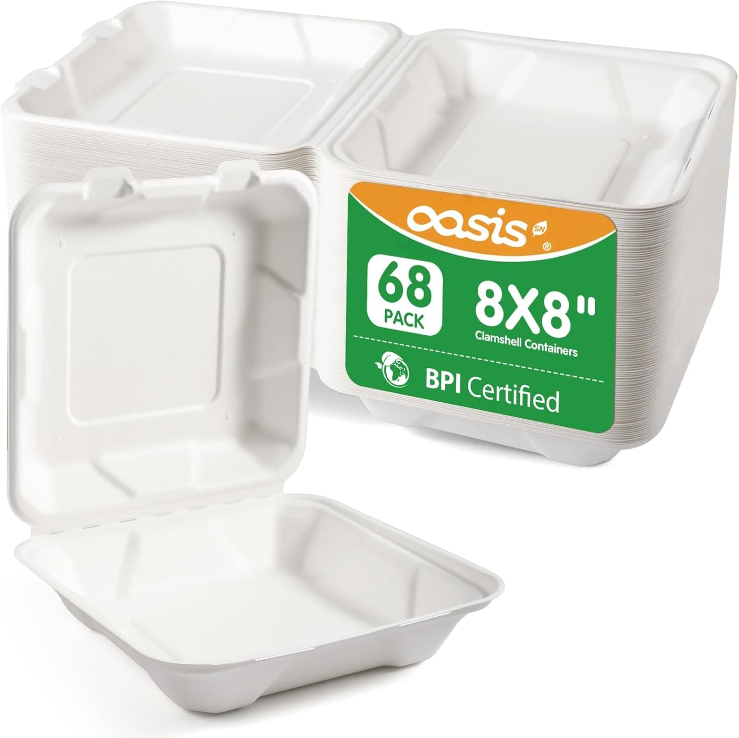 𝟴𝘅𝟴", 𝟲𝟴-𝗣𝗮𝗰𝗸 3-Compartment Clamshell Takeout Containers, 100% Compostable Heavy-Duty Disposable Paper Lunch Boxes(White)