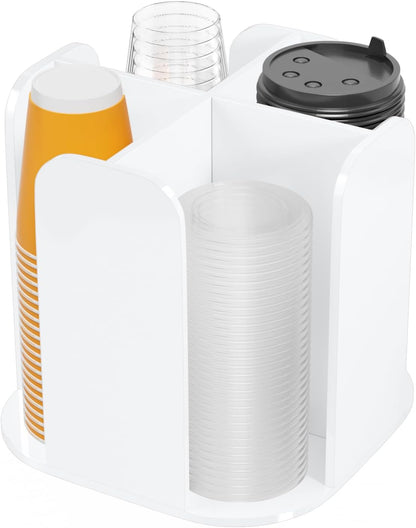 Beego Rotatable 4-Compartment Acrylic Cup Dispenser - Coffee Station Cup and Lid Carousel Countertop Plastic Cup Holder for Restaurant Breakroom Coffee Bar
