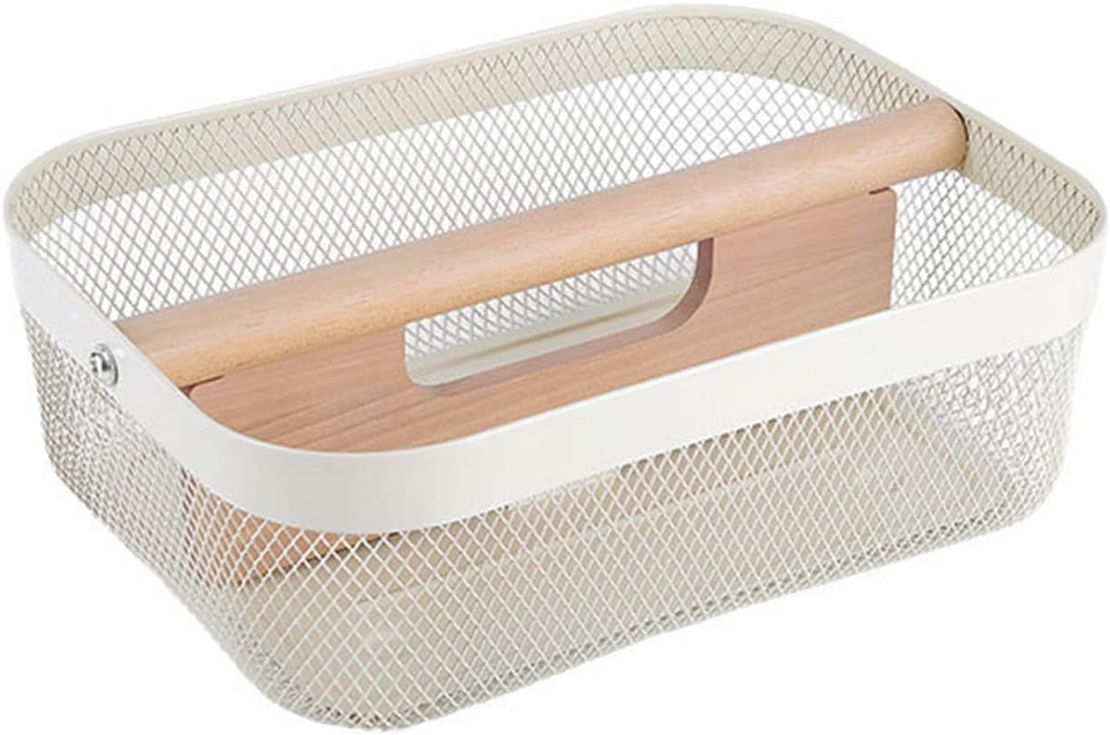 AJIODA Metal Mesh Steel Storage Basket, Garden Harvest Wire Organizer Basket Multi-functional Kitchen Fruit Basket with Wooden Removable Partition & Handle for Bathroom Picnic Decor Cabinet, Grey