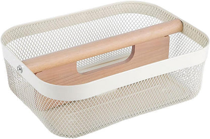 AJIODA Metal Mesh Steel Storage Basket, Garden Harvest Wire Organizer Basket Multi-functional Kitchen Fruit Basket with Wooden Removable Partition & Handle for Bathroom Picnic Decor Cabinet, Grey