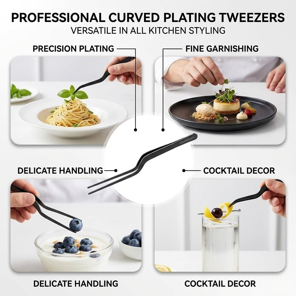 CREATIVECHEF 8 Inch Curved Stainless Steel Precision Kitchen Cooking Multi-function Tweezers Culinary Offset Tweezer Tongs (8" Curved, Bronze)
