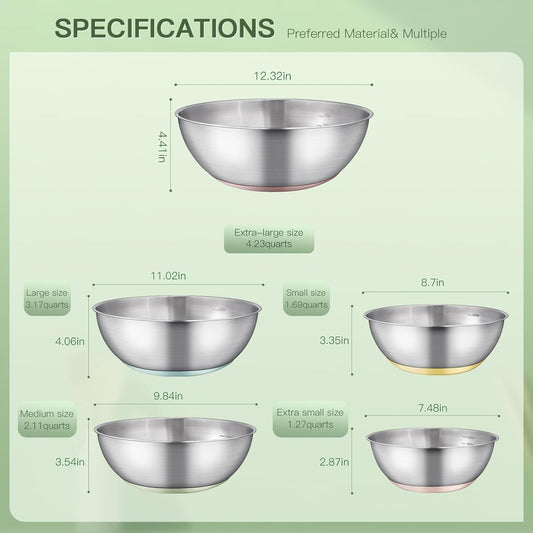 Stainless Steel Mixing Bowl Set - High - Quality, Durable and Rust - Resistant for Baking, Cooking, and Salad Making,Kitchen meal preparation,Great for Mixing & Serving,Anti slip silicone rubber base
