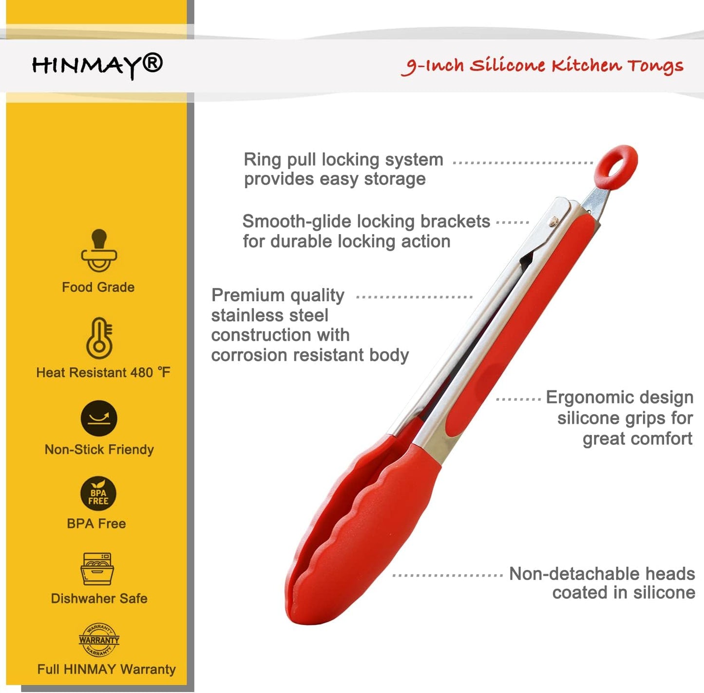 HINMAY Stainless Steel Kitchen Tongs 9-Inch Cooking Tongs, Set of 3