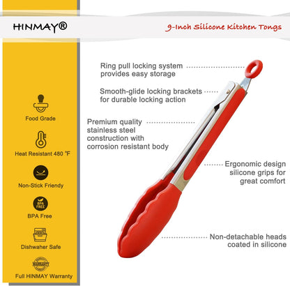 HINMAY Stainless Steel Kitchen Tongs 9-Inch Cooking Tongs, Set of 3