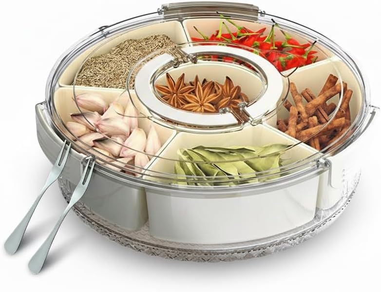 Divided Rotating Snackle Box Container, Veggie Tray with Lid for Fridge - Lazy Susan Snack Spinner with Handle, Rotating Fruit & Snack tray, Large Serving tray for Parties - Off-White/Clear(Large 12")