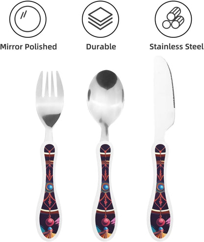 3-Piece Kids Silverware Set With Storage Case, Stainless Steel Reusable Children Safe Knife Spoon Fork Set Colorful Abstract Dragonfly Children Flatware Set For Kids Lunch Box