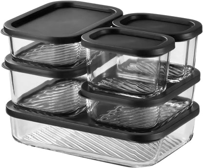 EATEX Grooved Base Glass Meal Prep Containers, 12 Pack Glass Food Storage Containers with Lids for Meal Prep & Lunch, Microwave Oven Freezer Dishwasher Safe, Anti Moisture Non-Stick Design - Black