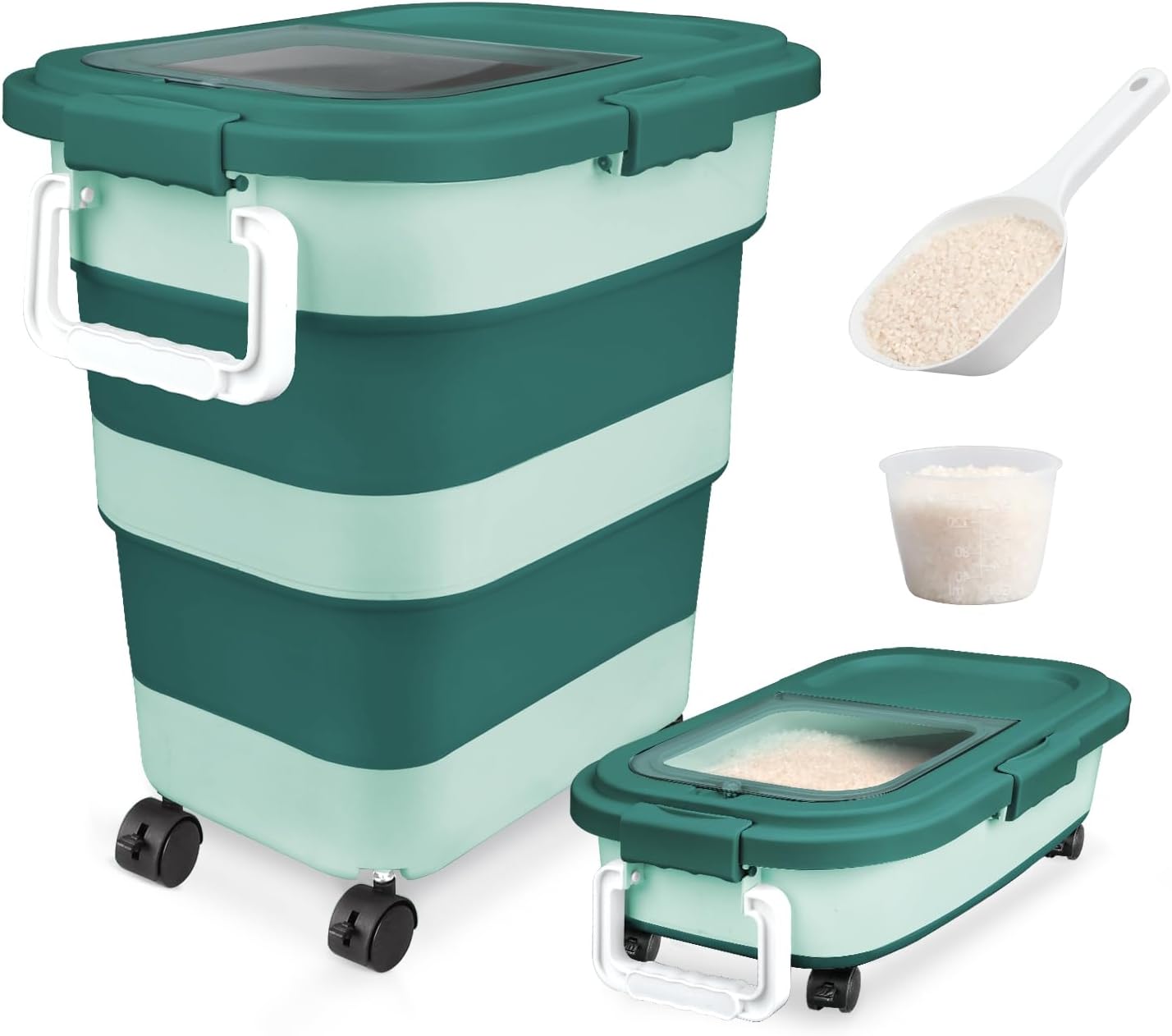 Komzon Rice Storage Container, Collapsible Airtight 10-40 Lb Rice Storage Container, 25lb Pet Dog Food Storage Container, Rice Dispenser Bin with Cup and Scoop for Flour Cereal Pasta Grain, Cat Bird